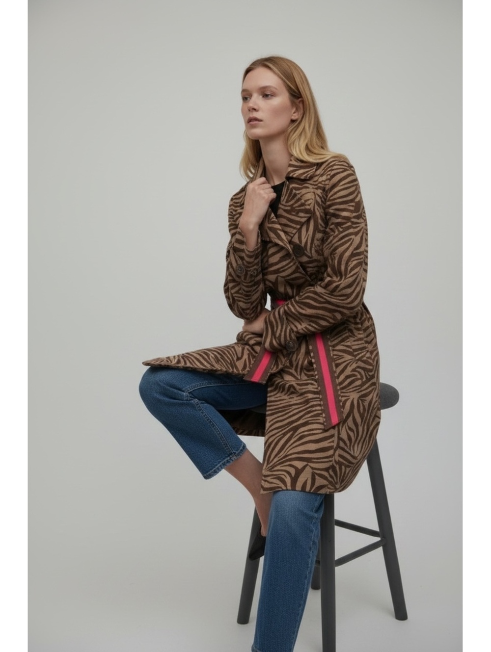 Women's Zebra Print Trench Coat with Pink Belt Accent